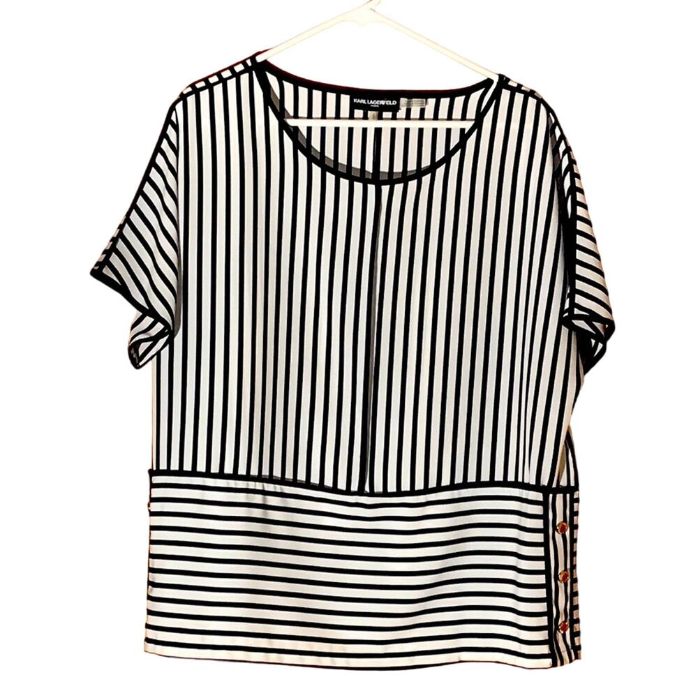 Karl Lagerfeld Paris White Striped Blouse with Logo Buttons. L